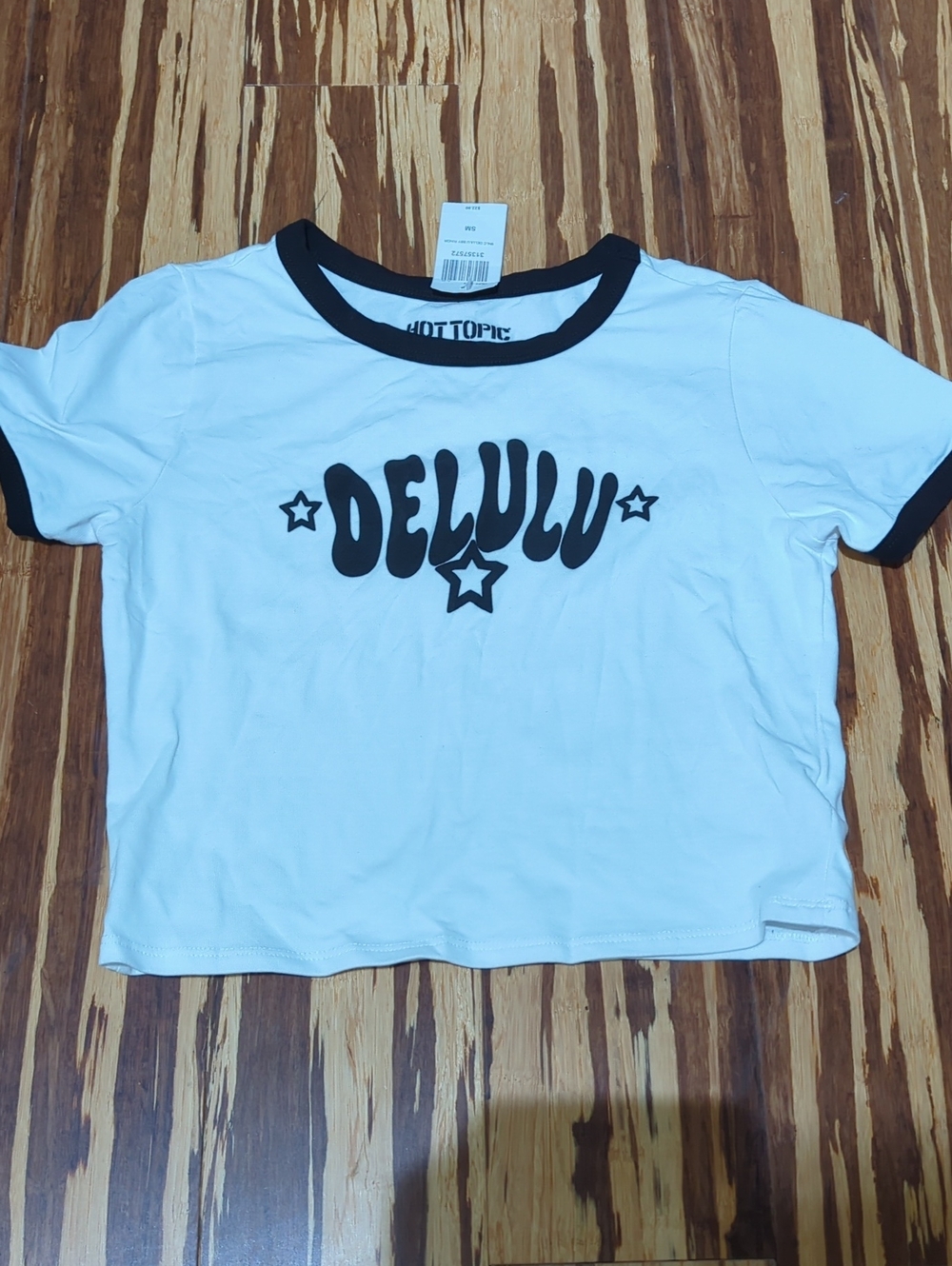 Hot Topic White & Black Ringer Tee - DELULU Graphic